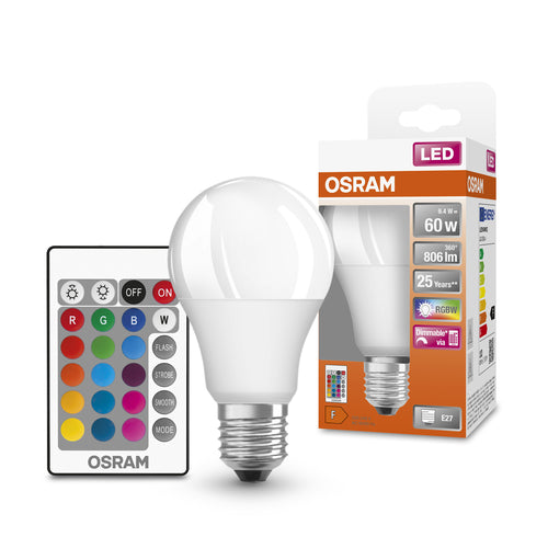 OSRAM LED Retrofit RGBW LED Lampe matt mehrfarbig mit Fernbedienung (ex 60W) 9W / 2700K Warmweiß E27