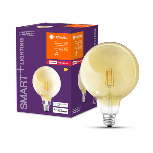 LEDVANCE Smarte LED-Lampe mit ZigBee, Sockel E27, Dimmbar, Warmweiß (2400K), Goldene Globeform, Klares Filament, Ersatz für 55W-Glühbirnen, steuerbar mit Systemen wie Alexa, Google oder Hue, 1er-Pack