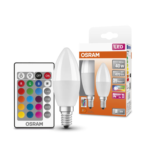 OSRAM Lampe LED Retrofit avec télécommande RGBW multicolore dimmable (ex 40W) 4,9W / 2700K blanc chaud E14