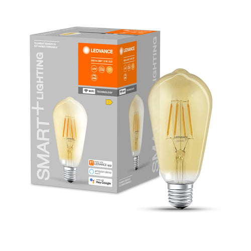 LEDVANCE Lampe LED intelligente avec technologie WiFi de forme Edison dorée, culot E27, dimmable, blanc chaud (2400K), remplace les lampes à incandescence de 53 W, SMART+ WiFi Classic Dimmable, lot de 1