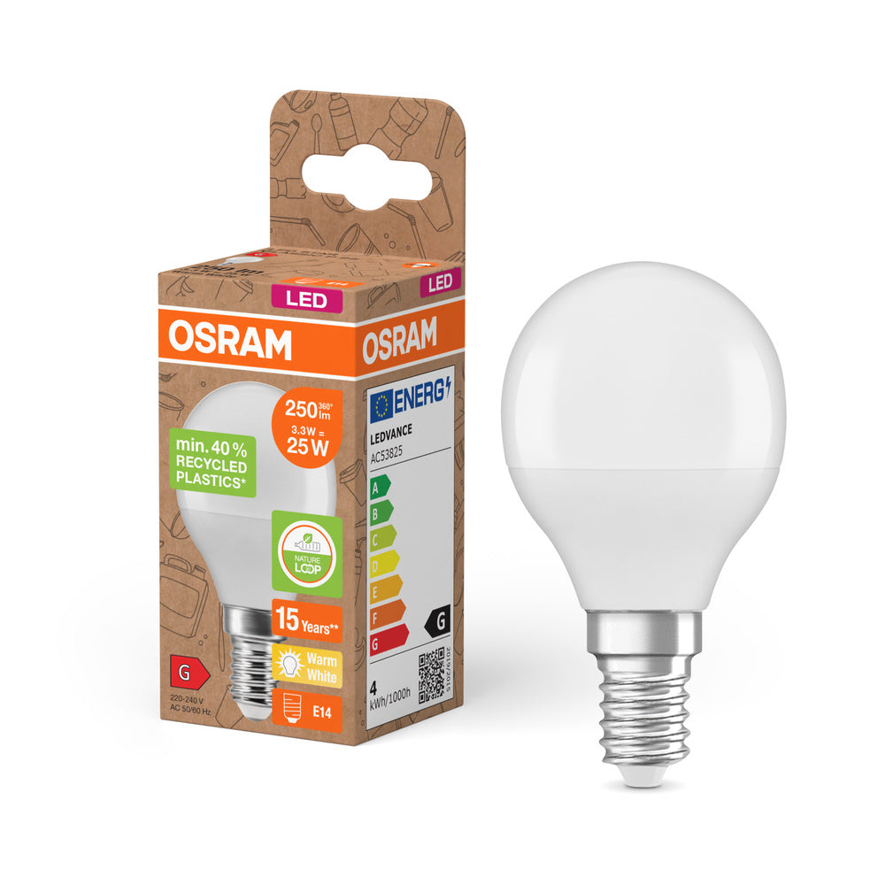 OSRAM LED Star Classic P 25 lampe Recycled Plastic 3.3W blanc chaud Frosted E14