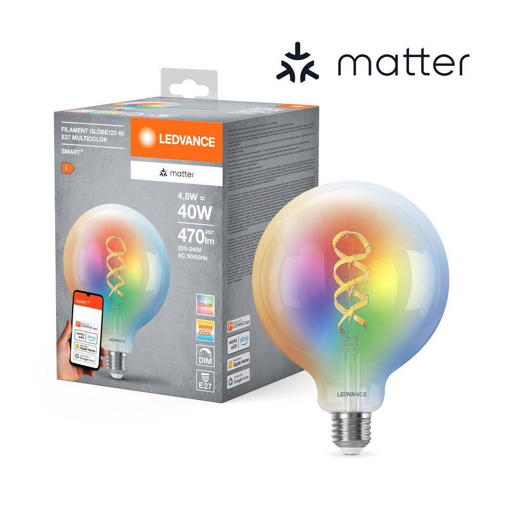 LEDVANCE Matter SMART+ lampe LED CLASSIC Globe, RGB, verre filament, 4,8W, 470lm, E27