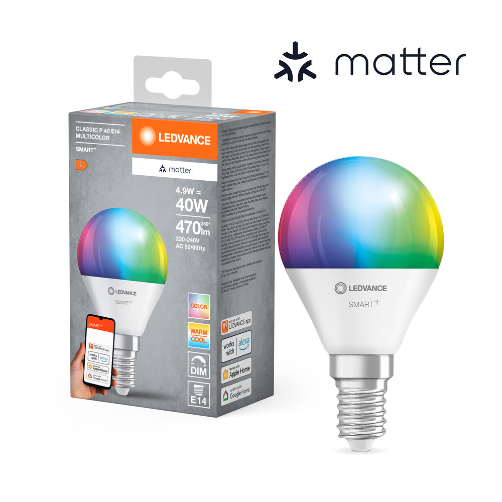 LEDVANCE Matter SMART+ lampe LED CLASSIC P, RGB, aspect givré, 4,9W, 470lm, E14