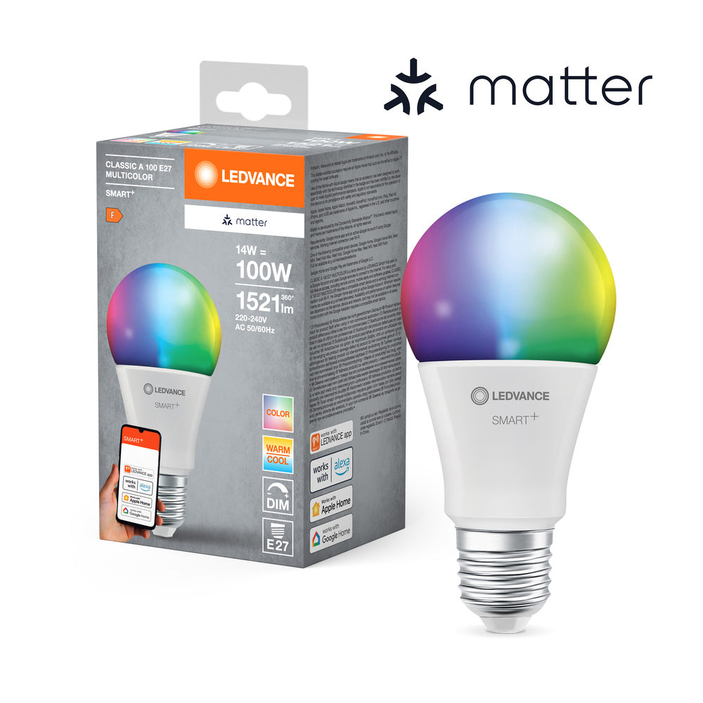 LEDVANCE Matter SMART+ lampe LED CLASSIC A, RGB, aspect givré, 14W, 1521lm, E27