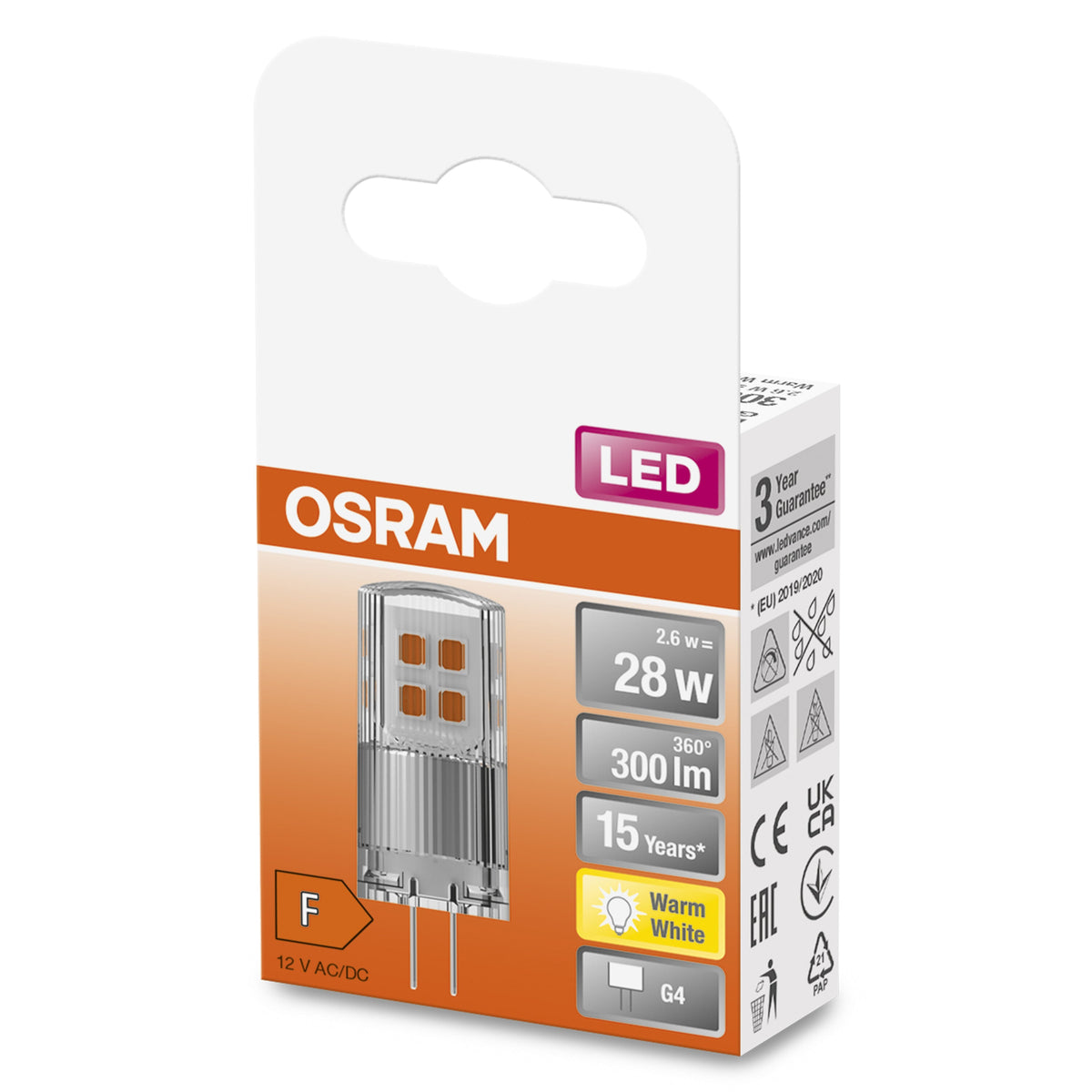OSRAM LED Base lampe à culot à broches lampe LED 12V (ex 30W) 2,6W / 2700K blanc chaud PIN G4