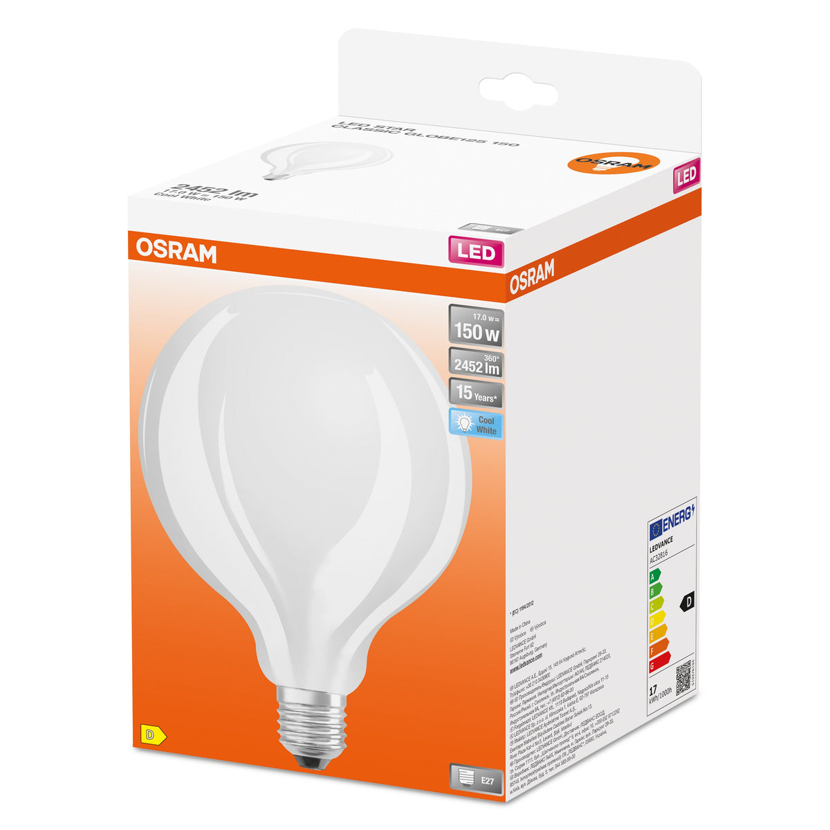 OSRAM LED Retrofit CLASSIC GLOBE125 lampe mate (ex 150W) 17W / 4000K blanc froid E27