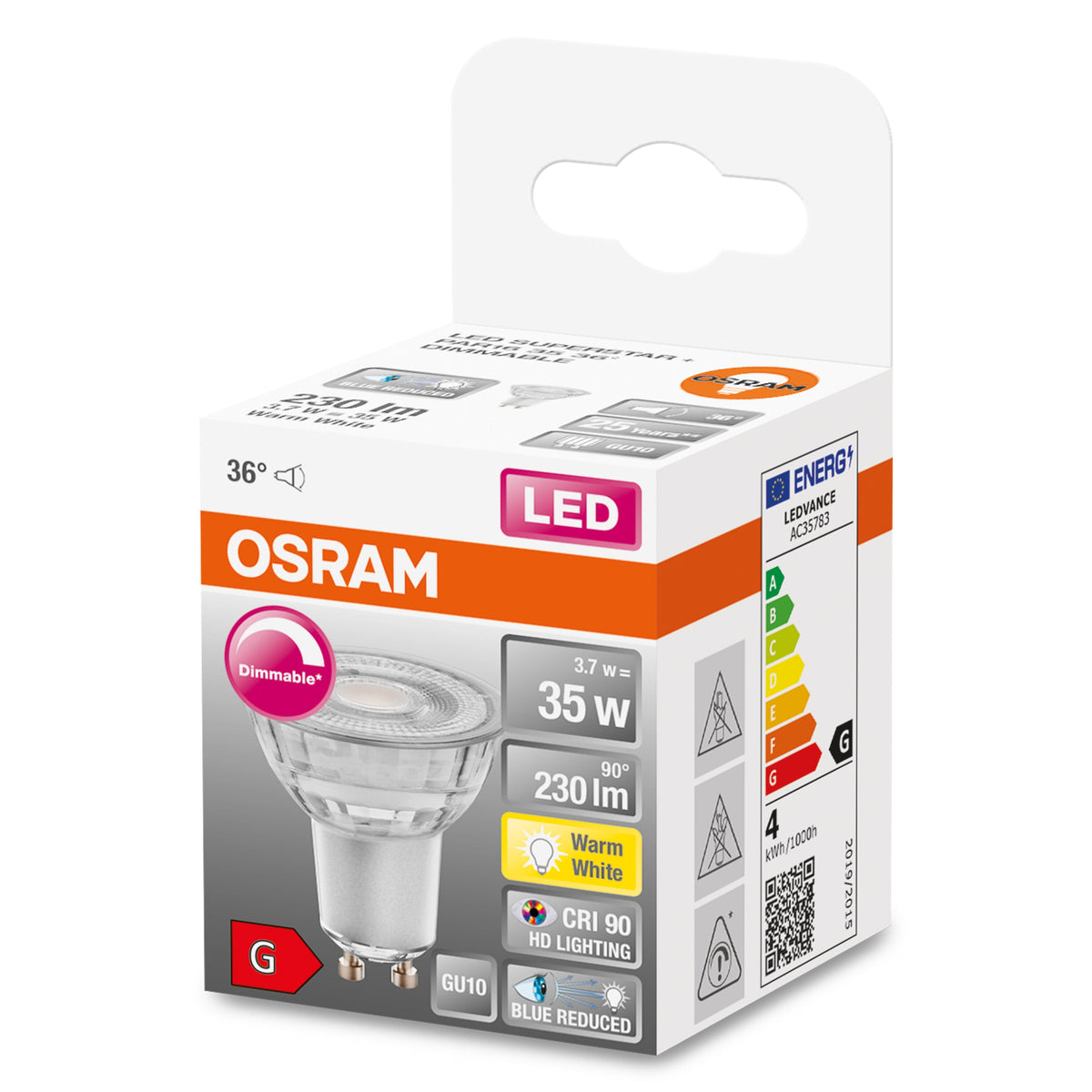 OSRAM Ampoule LED à intensité variable réflecteur LED SUPERSTAR + spot PAR16 GL 35 DIM 3,7W/927 GU10 CRI90 BOX