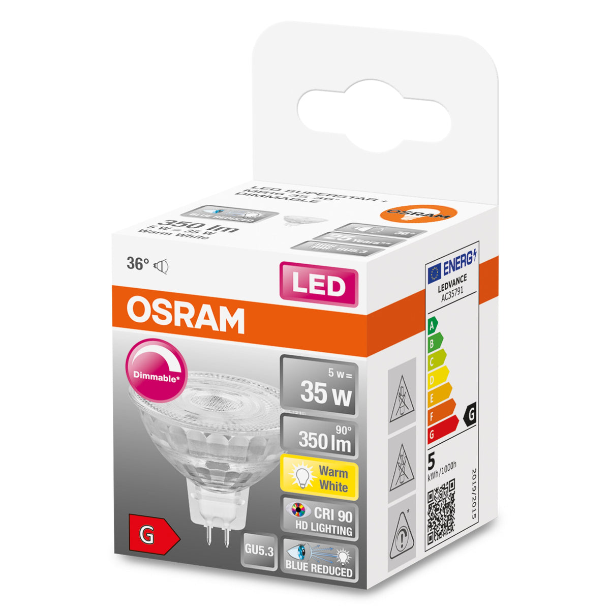 OSRAM Ampoule LED à intensité variable réflecteur LED SUPERSTAR + spot MR16 GL 35 DIM 5W/927 GU5.3 CRI90 BOX