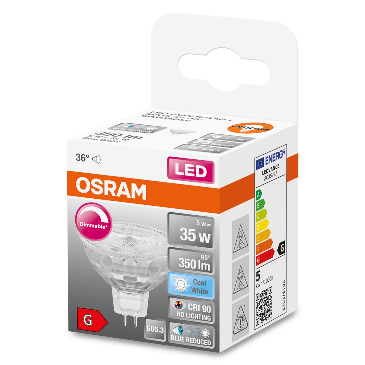 OSRAM Ampoule LED à intensité variable réflecteur LED SUPERSTAR + spot MR16 GL 35 DIM 5W/940 GU5.3 CRI90 BOX GU5.3