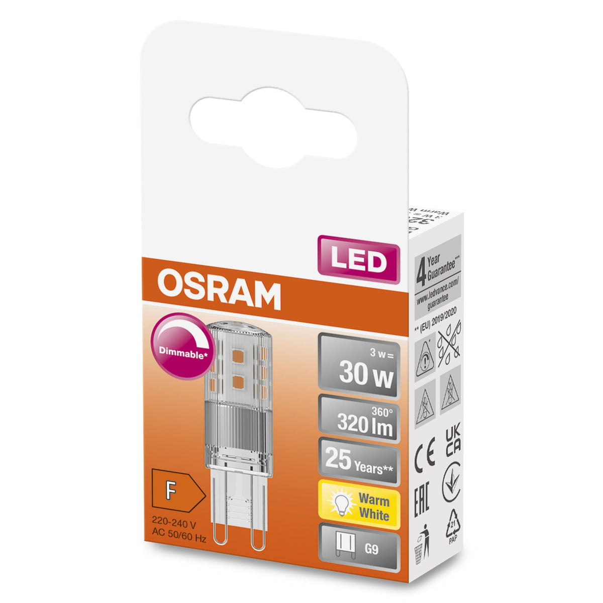 OSRAM Lampe LED PIN à intensité variable claire (ex 30W) 3W / 2700K blanc chaud PIN G9