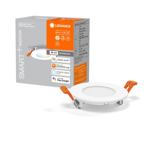 Luminaire LEDVANCE : pour plafond, SMART+ Wifi RECESS SLIM DOWNLIGHT TW / 4,50 W, 220…240 V, angle d'éclairage : 110, blanc réglable, 3000…6500 K, matériau du boîtier : plastique, IP20