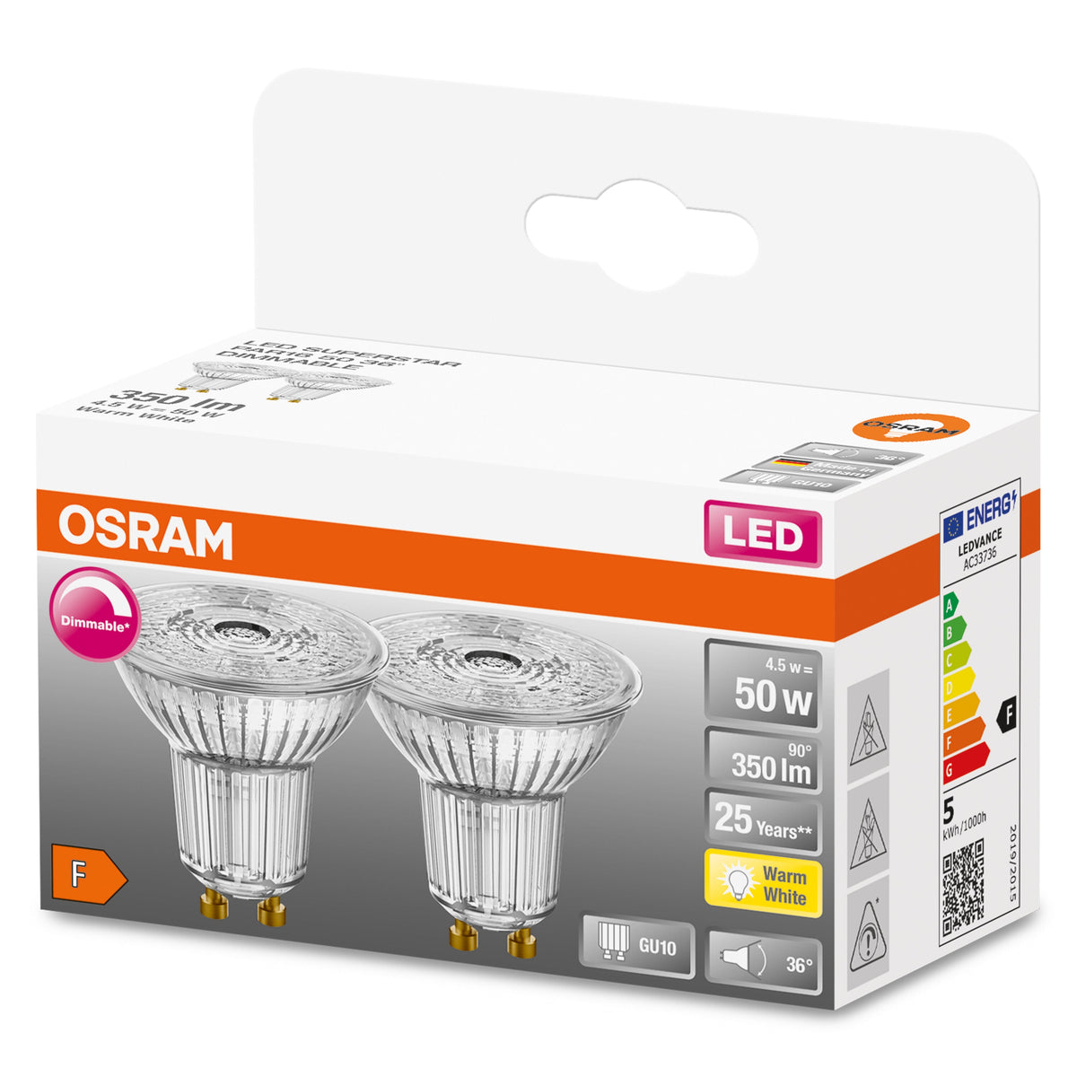 Lampe à réflecteur LED OSRAM | Socle : GU10 | Blanc chaud| 2700 K | 4,50 W | Remplacement d'une lampe à réflecteur 50 W, LED SUPERSTAR PAR16