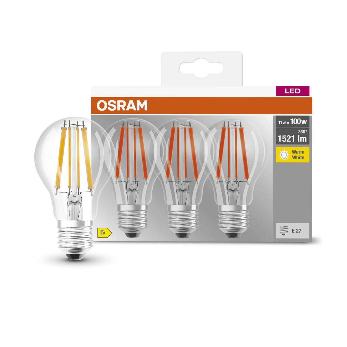 OSRAM LED BASE CLASSIC A lampe claire (ex 100W) 11W / 2700K blanc chaud E27, pack de 3