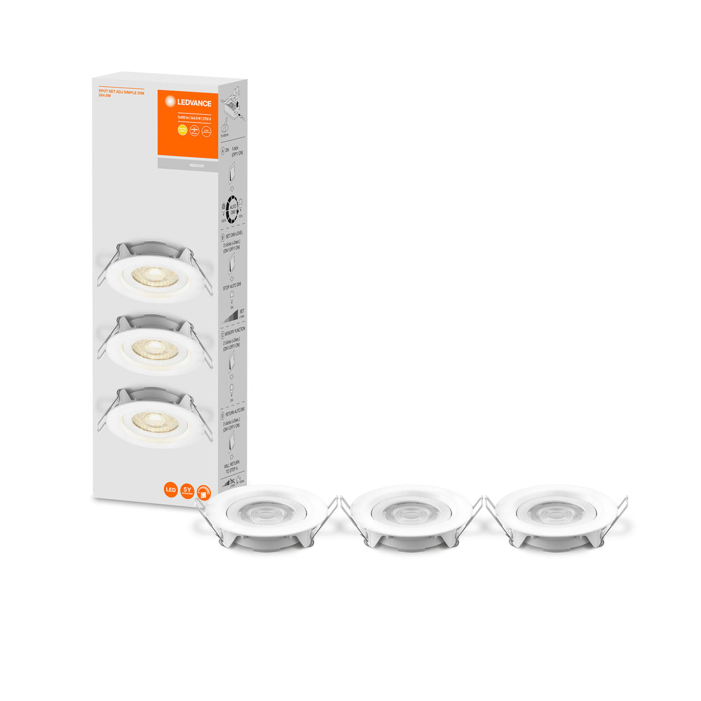 LEDVANCE LED Einbaustrahler 3er Set, 3x 5W, Warmweiß, Stufenlos Dimmbar per Wandschalter, weiß