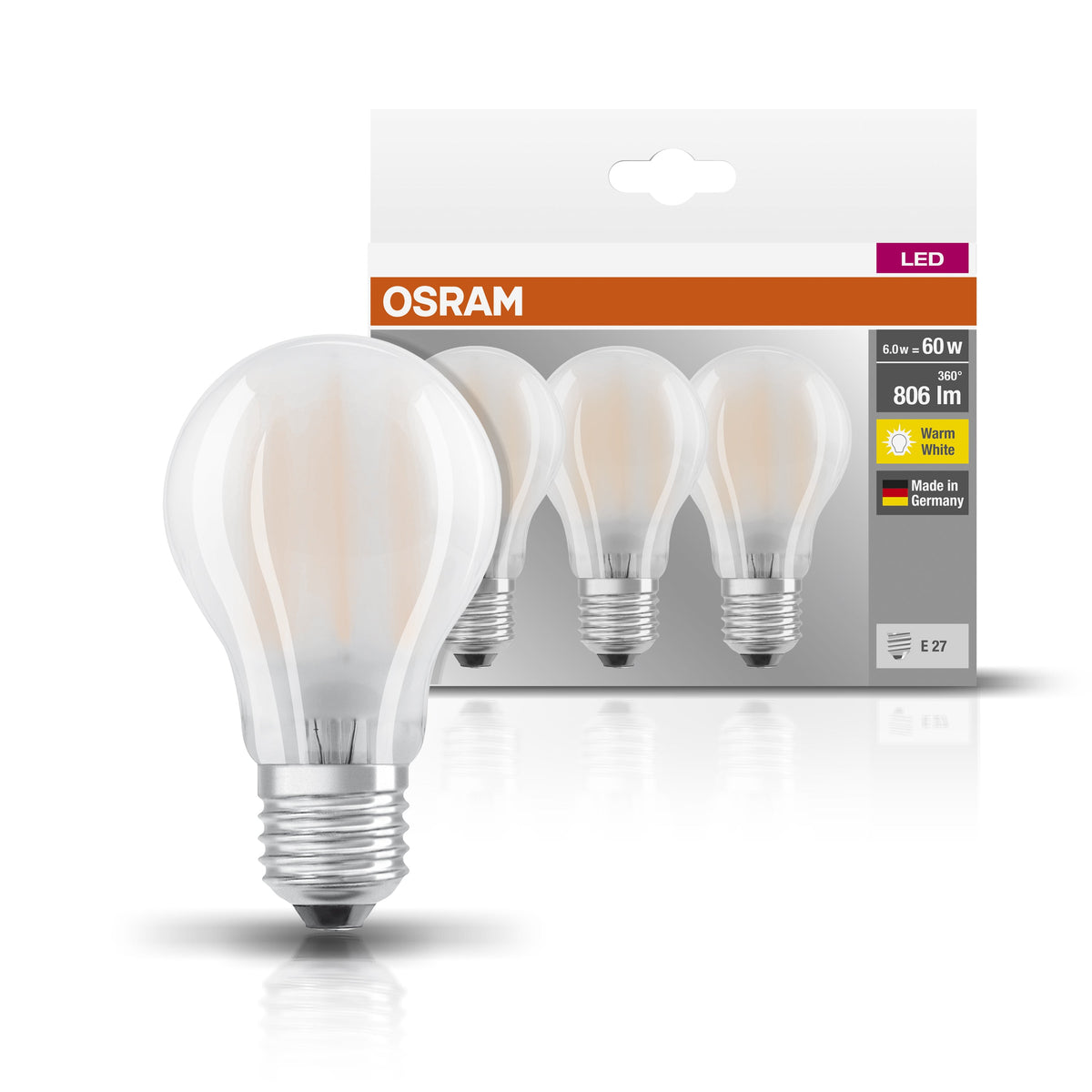 OSRAM LED Base Classic A Lampe LED mate (ex 60W) 7W / 2700K blanc chaud E27 paquet de 3, E27