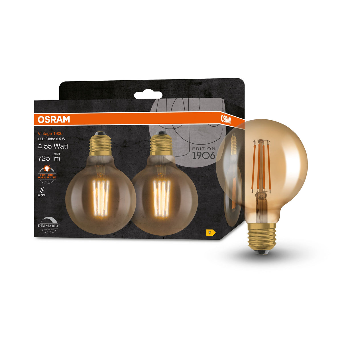 OSRAM Ampoule LED à intensité variable GLOBE95 6.5W filament E27 Vintage 1906 Gold, pack de 2, E27