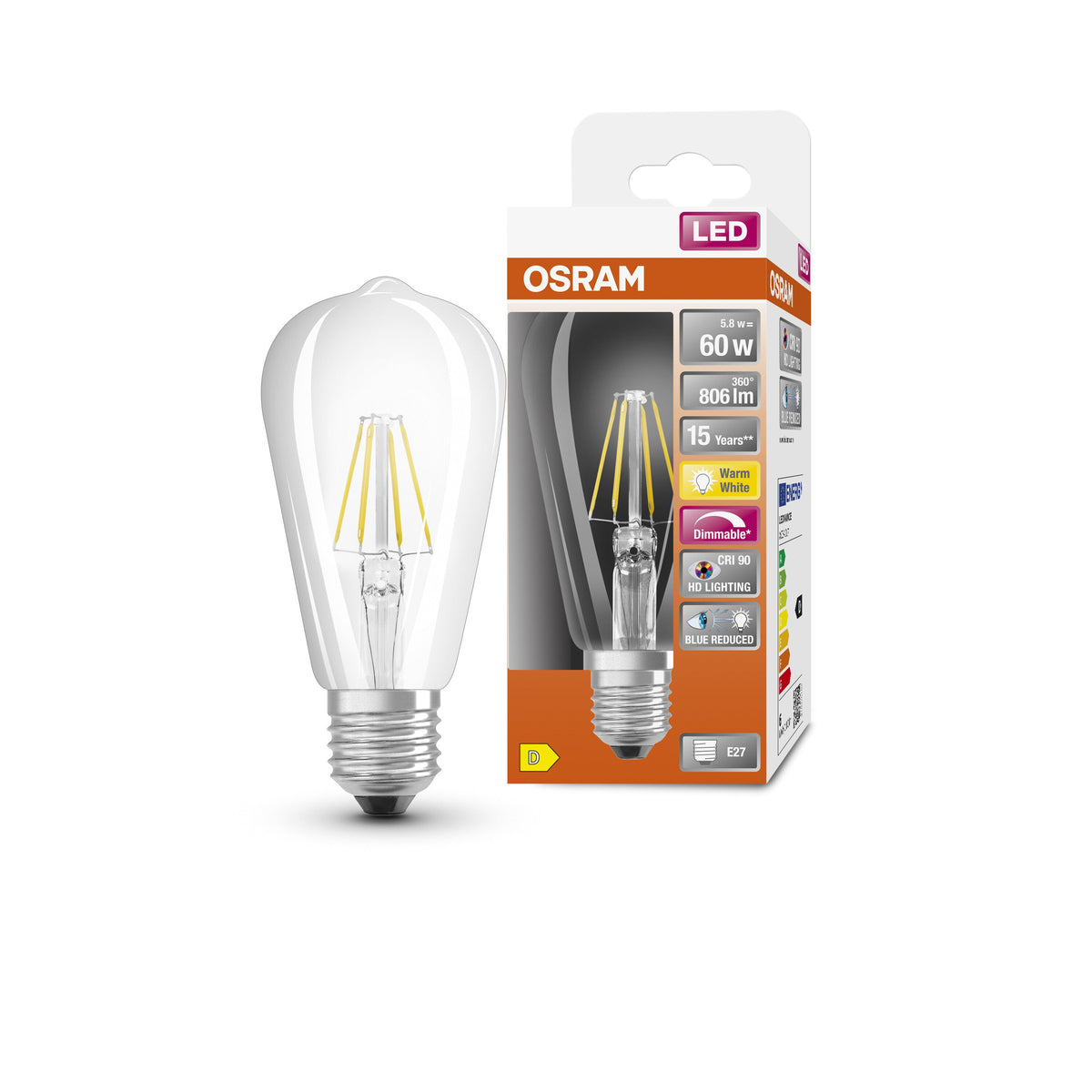 OSRAM Dimmbare FILAMENT LED-Lampe LED SUPERSTAR+ CL Edison FIL 60 dim 5,8W/927 E27 CRI90 BOX, E27