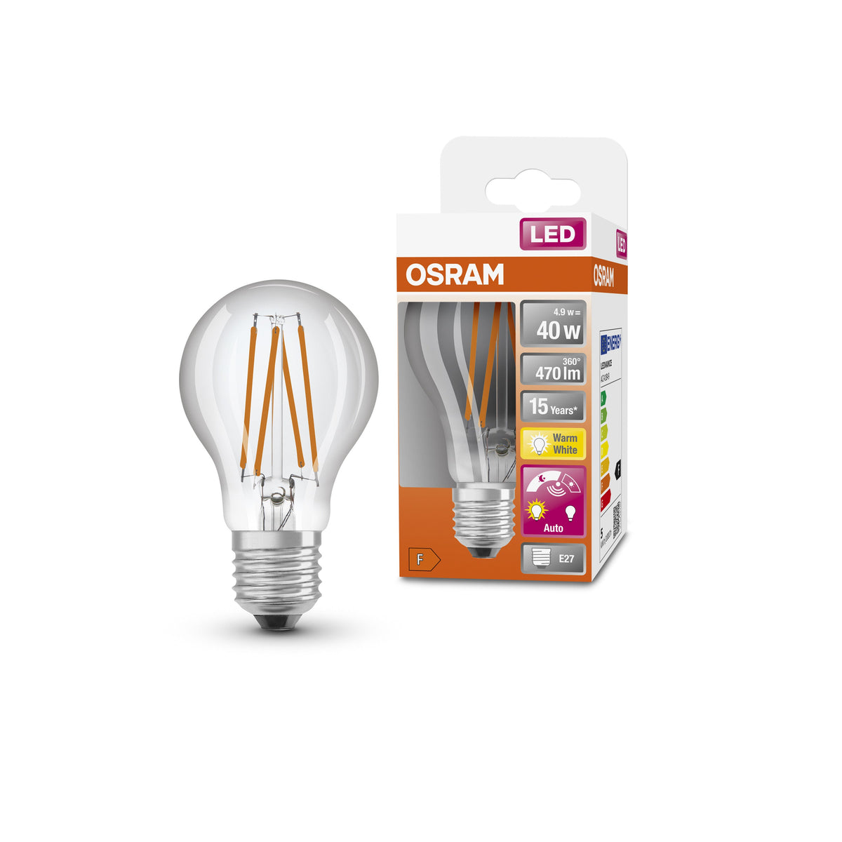 OSRAM Star+ ampoule LED avec capteur de lumière du jour pour culot E27, aspect filament ,blanc chaud (2700K), 470 lumens, remplace les ampoules traditionnelles de 40W, non dimmable, pack de 1, E27