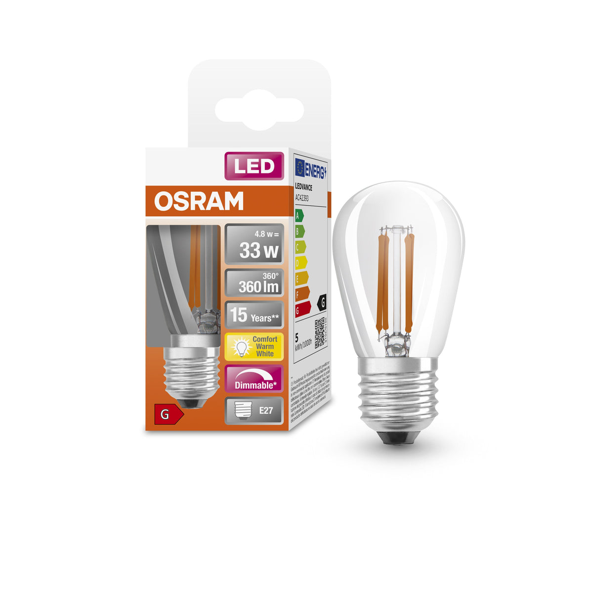 OSRAM Dimmbare Filament LED Lampe mit E27 Sockel, Warmweiss (2700K), Windstoß Kerze, 5W, Ersatz für 40W-Glühbirne, klar, LED Retrofit CLASSIC BA DIM