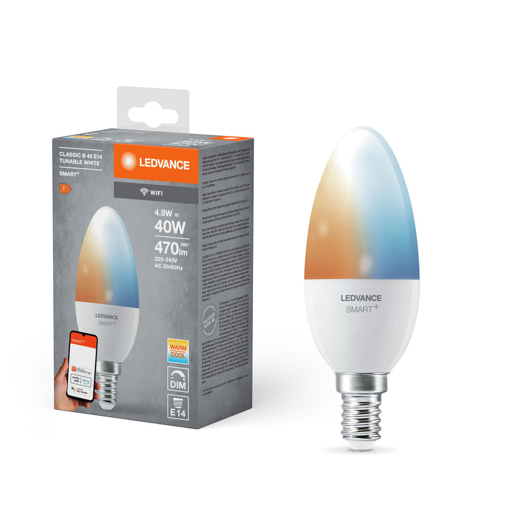 Lampe LED Bougie Wifi SMART+ LEDVANCE 4,9 W TW FR E14, 470 lm, 2 700…6 500 K, Blanc réglable