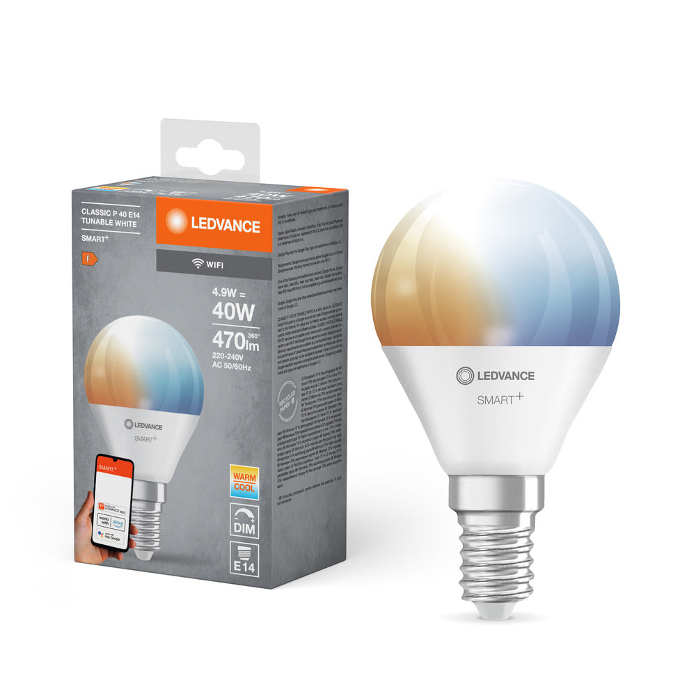 Ampoule LEDVANCE SMART+ Wifi Mini TW FR E14 4,9 W 470 lm, 2 700…6 500 K, blanc réglable