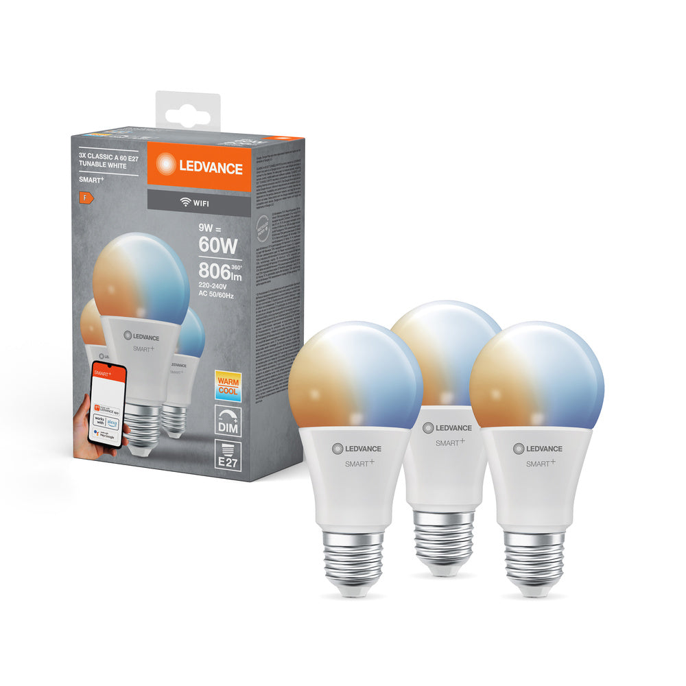 Lampe LED classique LEDVANCE SMART+ Wifi TW FR E27 9 W, 806 lm, 2 700…6 500 K, blanc réglable, lot de 3