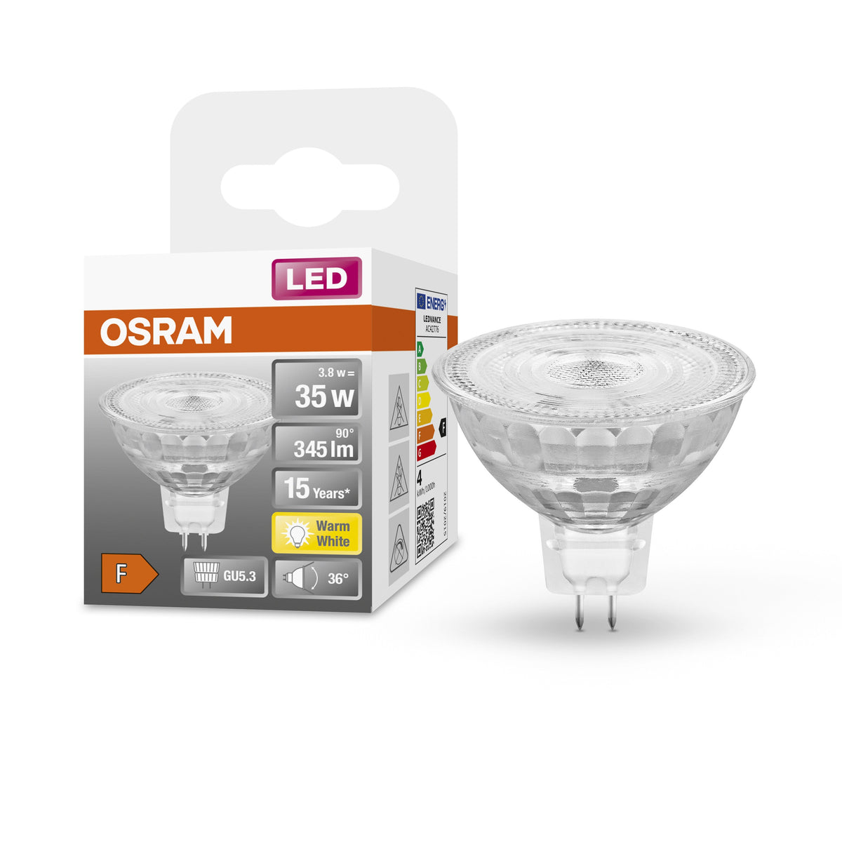 Ampoule LED à réflecteur OSRAM MR16 avec culot GU5.3, blanc chaud (2700K), spot en verre, 3,80W, remplacement de l'ampoule à réflecteur 35W