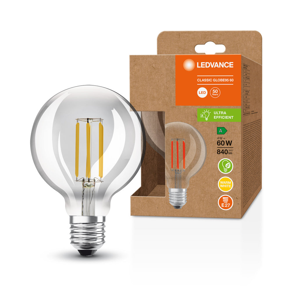 Lampe LED classe d'efficacité énergétique A Filament Classic Globe Clear, 4W/3000K, E27