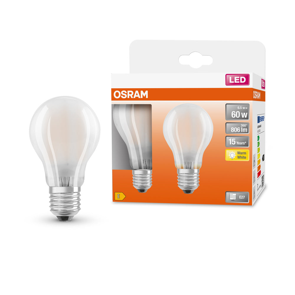 Lampe LED OSRAM LED Retrofit CLASSIC A 6,5W 827 Frosted E27, 806 lm, 2700 K, blanc chaud, lot de 2