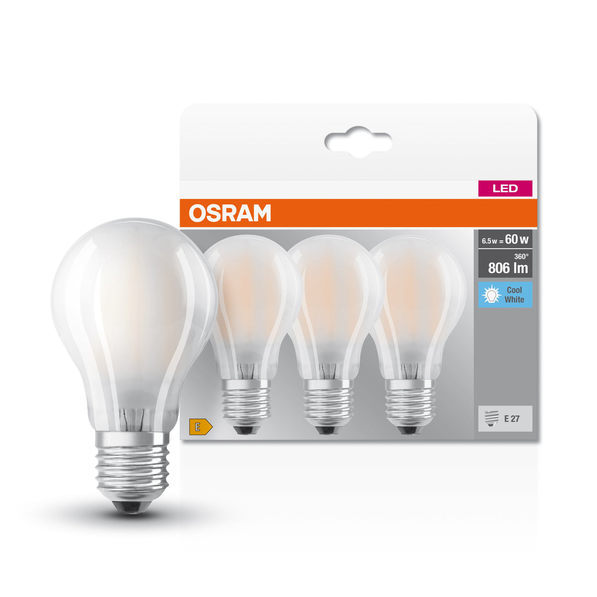 OSRAM LED Base Classic A lampe mate (ex 60W) 6,5W / 4000K blanc froid E27, pack de 3