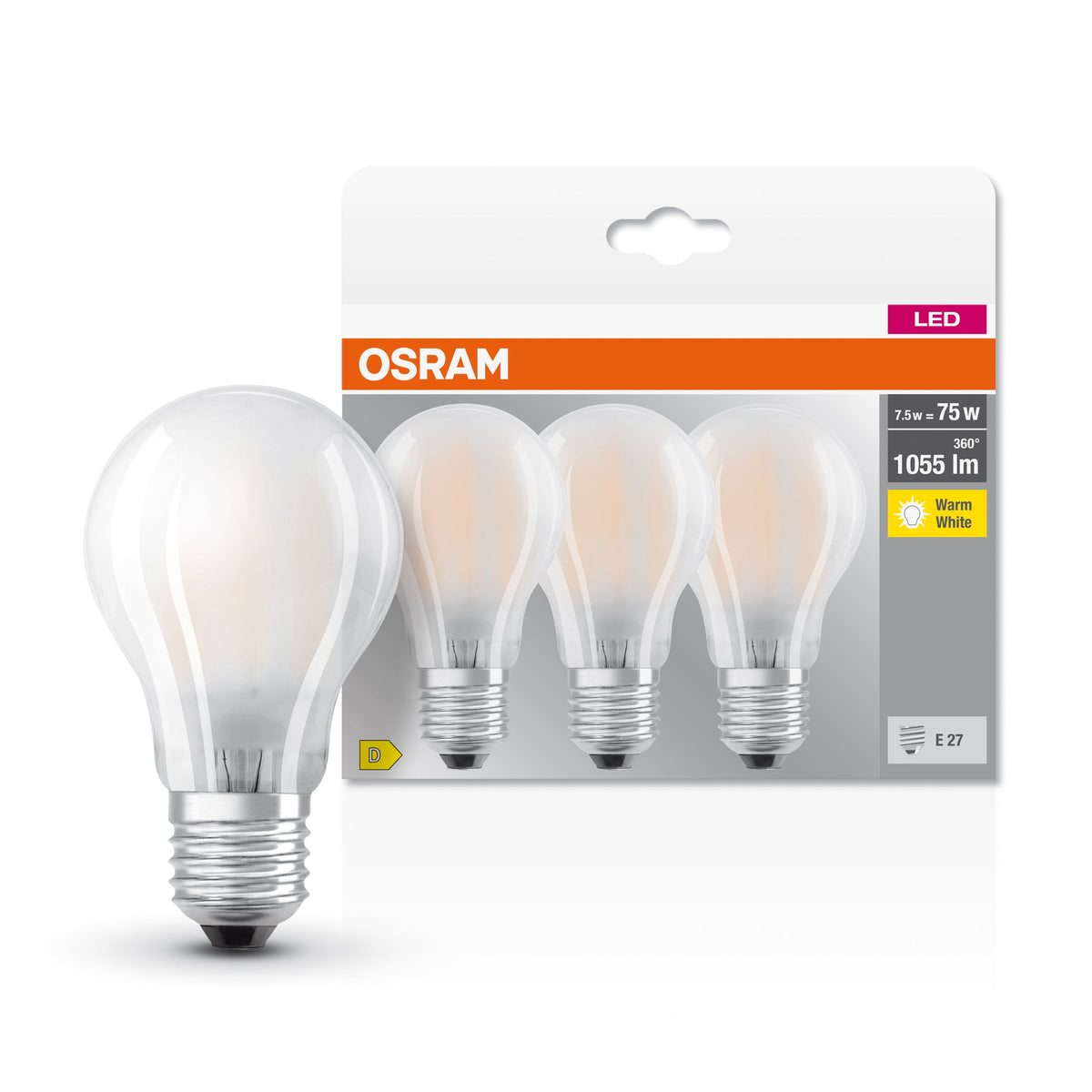 OSRAM LED BASE CLASSIC A lampe matte (ex 75W) 7,5W / 2700K blanc chaud E27, pack de 3