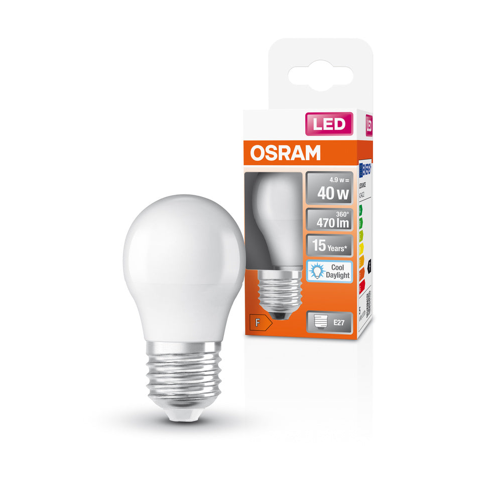 Lampes LED OSRAM, forme mini boule classique, remplacement 40 watts, E27, forme P, 6500 Kelvin, lumière du jour froide, mate, paquet individuel