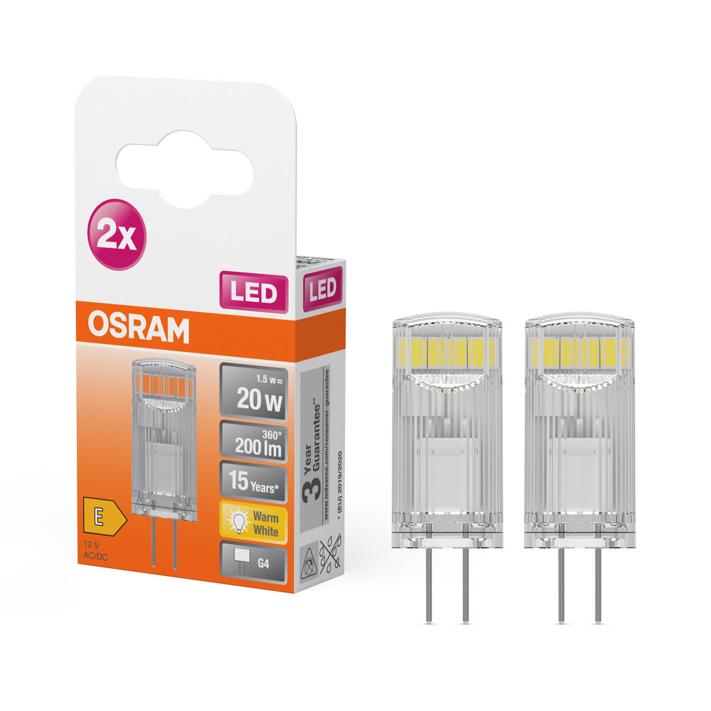 OSRAM LED Stiftsockellampe PIN 12 V 1.5W 827 Clear G4 2er Pack, 200 lm, 2700 K, Warmweiß, 2er Pack