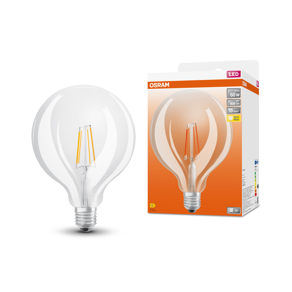 Ampoules LED OSRAM, forme de boule classique, remplacement de 60 watts, E27, G125, 2700 Kelvin, blanc chaud, verre transparent, single pack