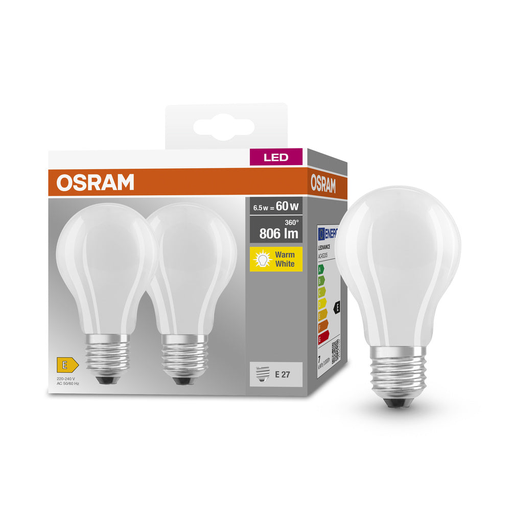 OSRAM BASE CL A GL FR 60 LED-Lampe, 6,5W, 806lm, 2er Pack, E27