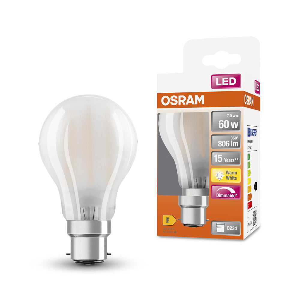 Lampe LED OSRAM LED Retrofit CLASSIC A DIM 7W 827 Frosted B22d, 806 lm, 2700 K, blanc chaud