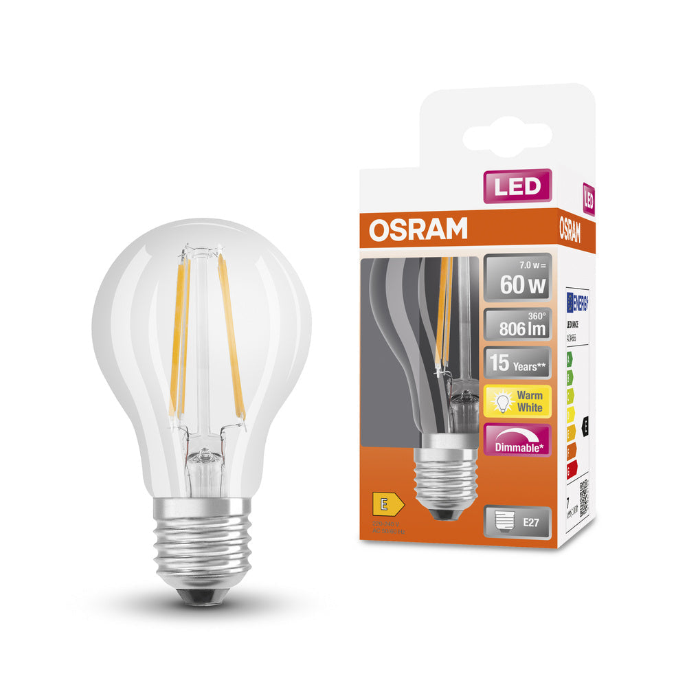 OSRAM Lampes LED à intensité variable, forme classique d'ampoule, remplacement de 60 watts, E27, A-shape, 2700 Kelvin, blanc chaud, verre transparent, single Pack