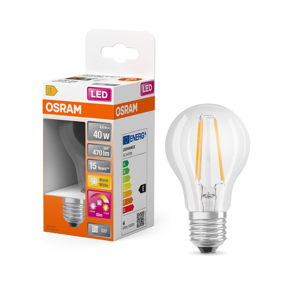 Lampe LED OSRAM CLASSIC A GLOWdim 4 W 822…827 E27, 470 lm, 2 200…2 700 K, blanc chaud réglable