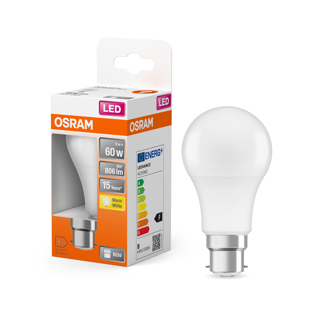 Lampe LED OSRAM LED STAR CLASSIC A 8W 827 Frosted B22d, 806 lm, 2700 K, blanc chaud