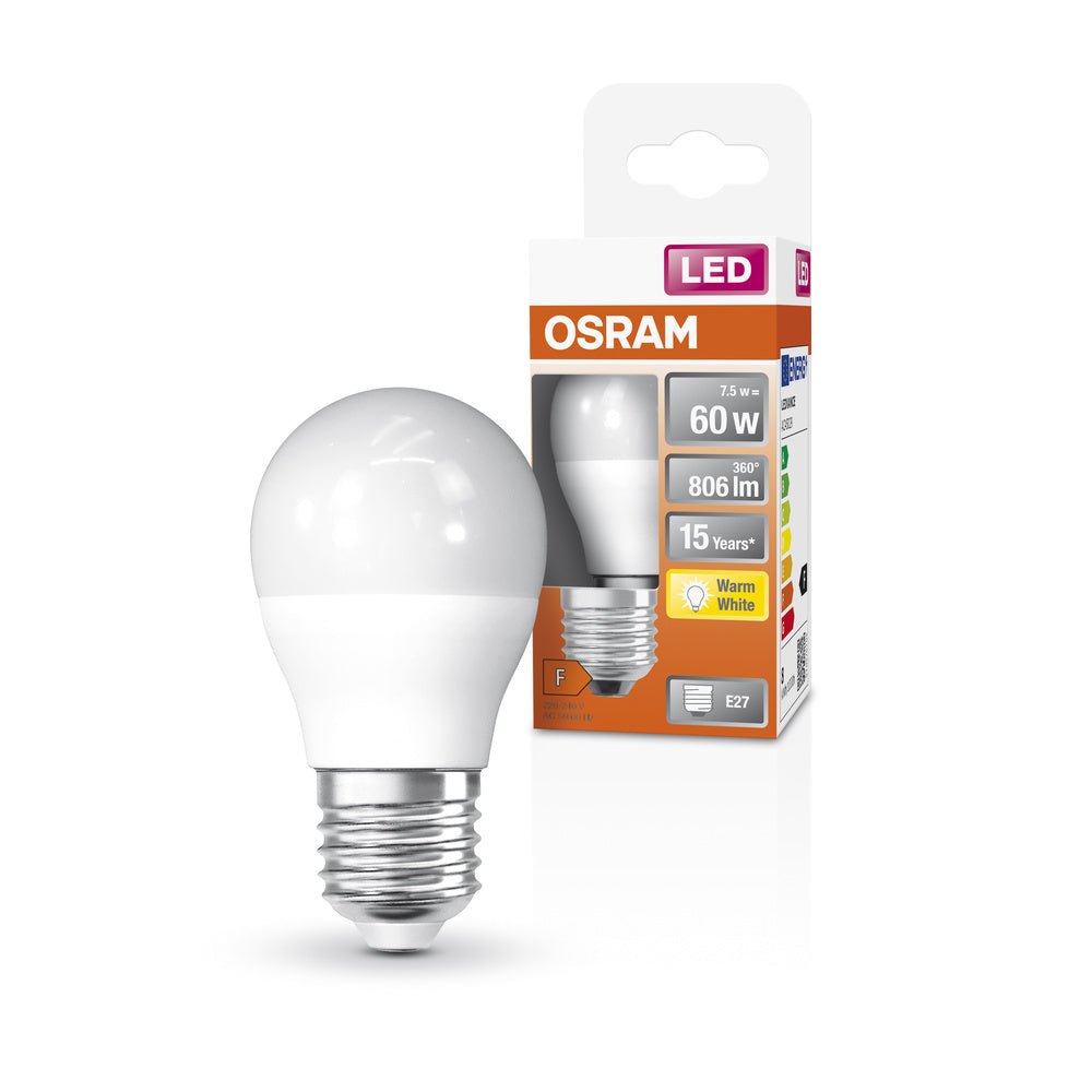 Lampes LED OSRAM, forme mini boule classique, remplacement 60 watts, E27, forme P, 2700 Kelvin, blanc chaud, mat, paquet individuel