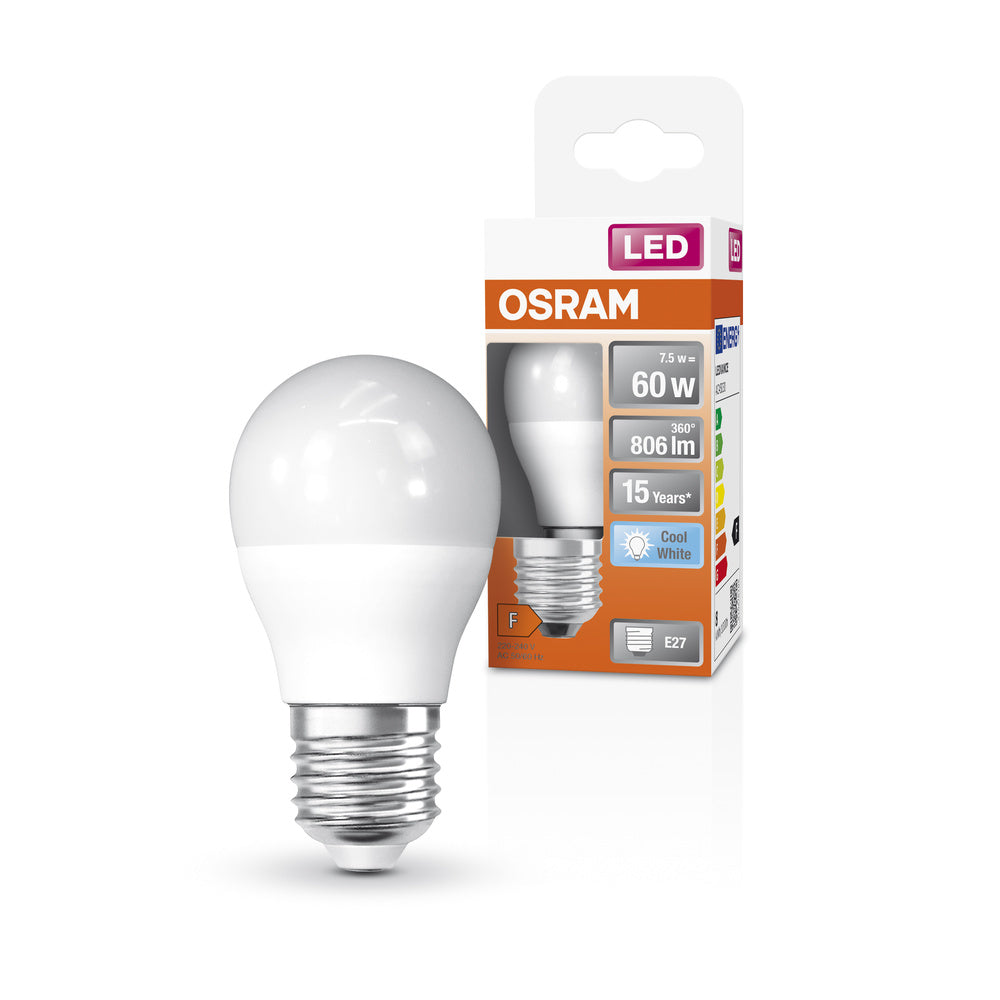 OSRAM LED-Lampen, klassische Miniballform, 60 Watts Ersatz, E27, P-shape, 4000 Kelvin, Kalt weiß, Matt, single Pack, E27