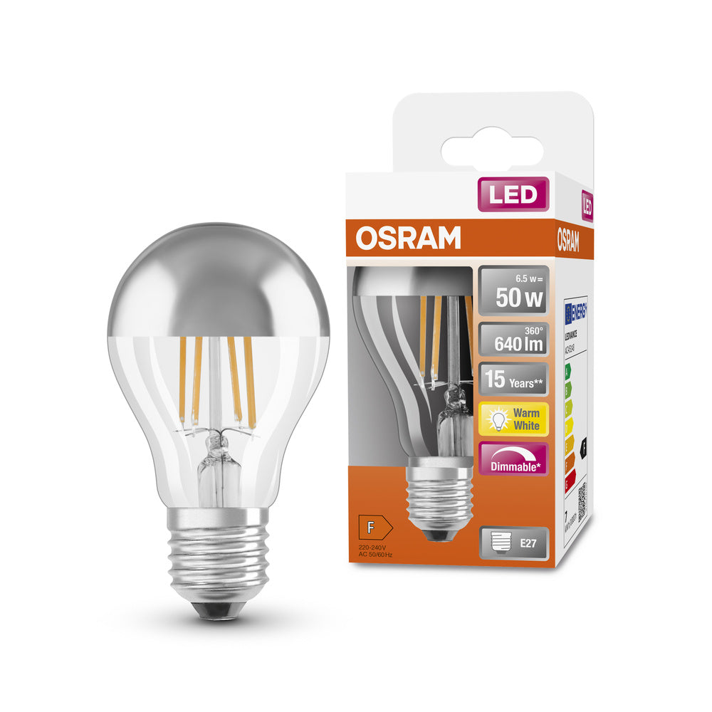 Ampoules LED OSRAM, forme classique d'ampoule, avec couronne d'ampoule miroir, remplacement de 50 watts, E27, A-shape, 2700 Kelvin, blanc chaud, verre transparent