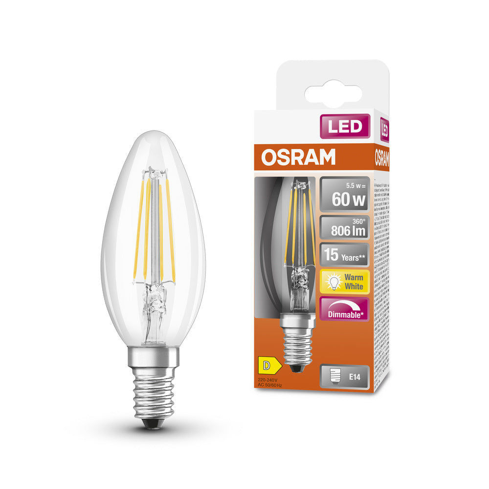 OSRAM Lampes LED à intensité variable, forme classique d'ampoule, remplacement de 60 watts, E14, B-shape, 2700 Kelvin, blanc chaud, verre transparent