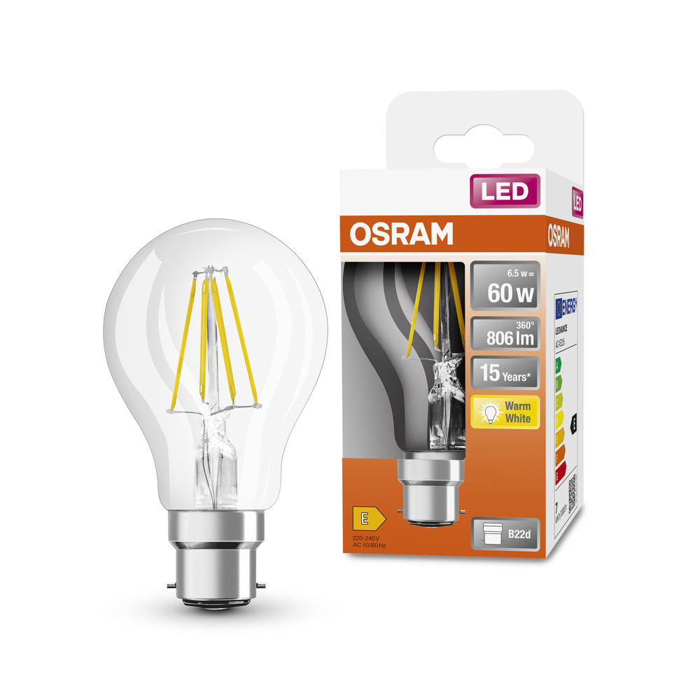 Lampe LED OSRAM LED Retrofit CLASSIC A 6,5W 827 Clear B22d, 806 lm, 2700 K, blanc chaud