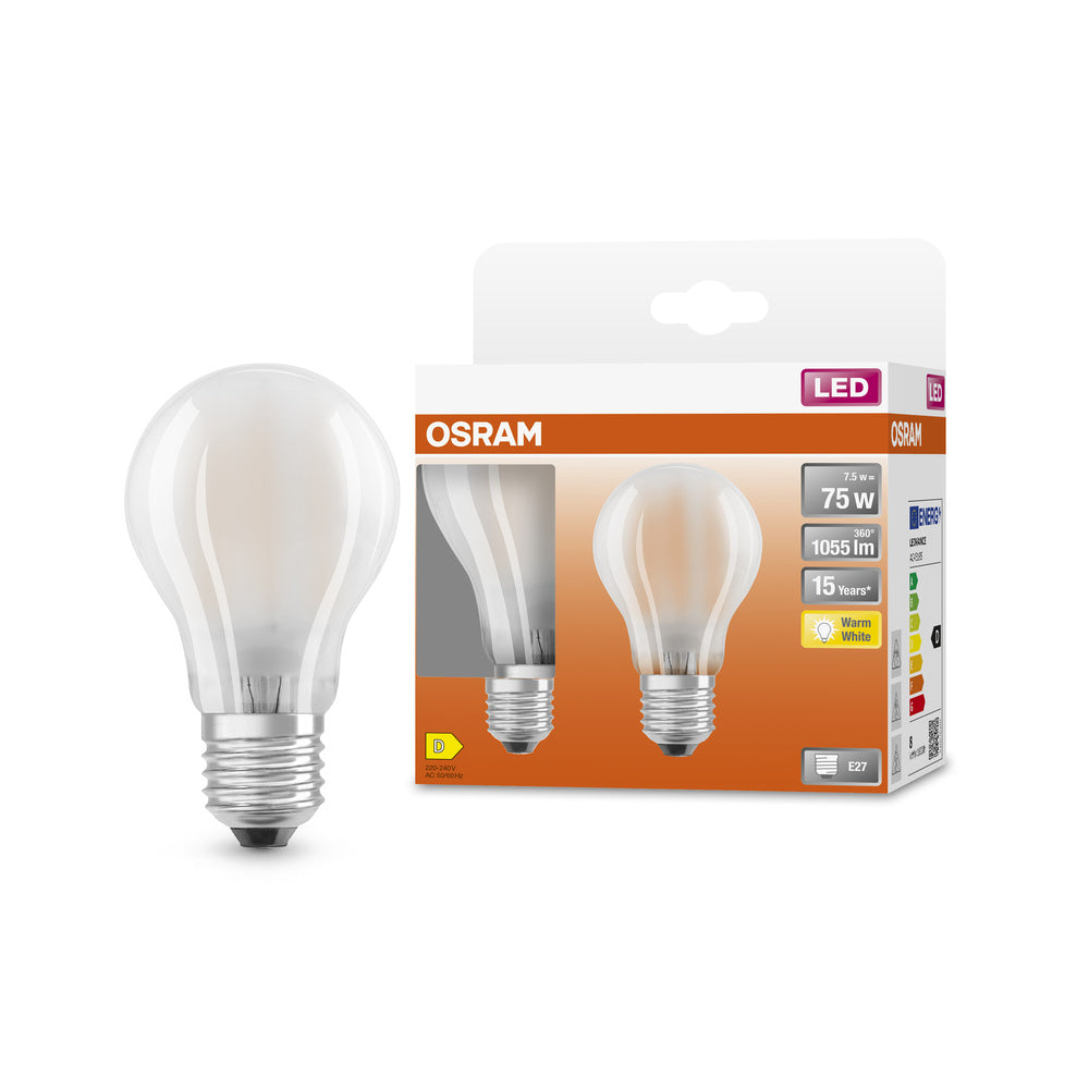 Ampoules LED OSRAM, forme classique en ampoule, remplacement de 75 watts, E27, A-shape, 2700 Kelvin, blanc chaud, verre transparent, pack de 2