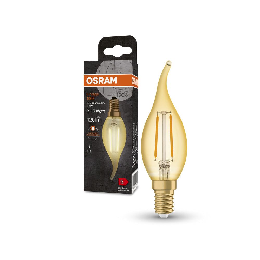 Lampe LED OSRAM VINTAGE 1906® LED CLASSIC B 1,5 W 824 Gold E14 forme BA, 120 lm, 2400 K, lumière chaude et confortable