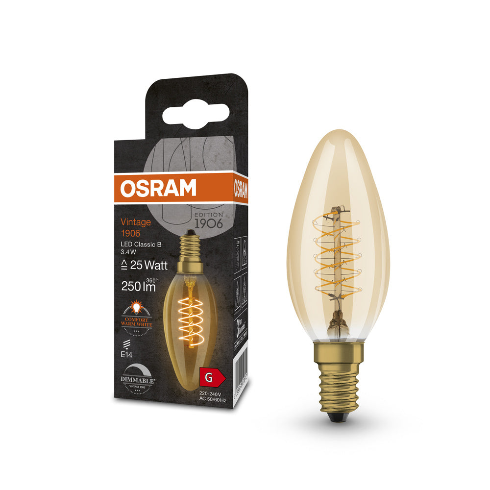 Ampoules LED à intensité variable OSRAM, édition Vintage, remplacement de 25 watts, E14, B-shape, 2200 Kelvin, Warm Comfort Light, verre clair, single pack