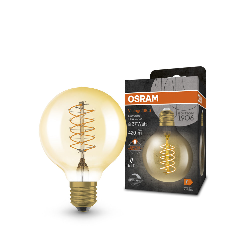 OSRAM Dimmbare LED-Lampen, Vintage-Edition, 37 Watts Ersatz, E27, G80, 2200 Kelvin, Warm Comfort Light, Klares Glas, single Pack