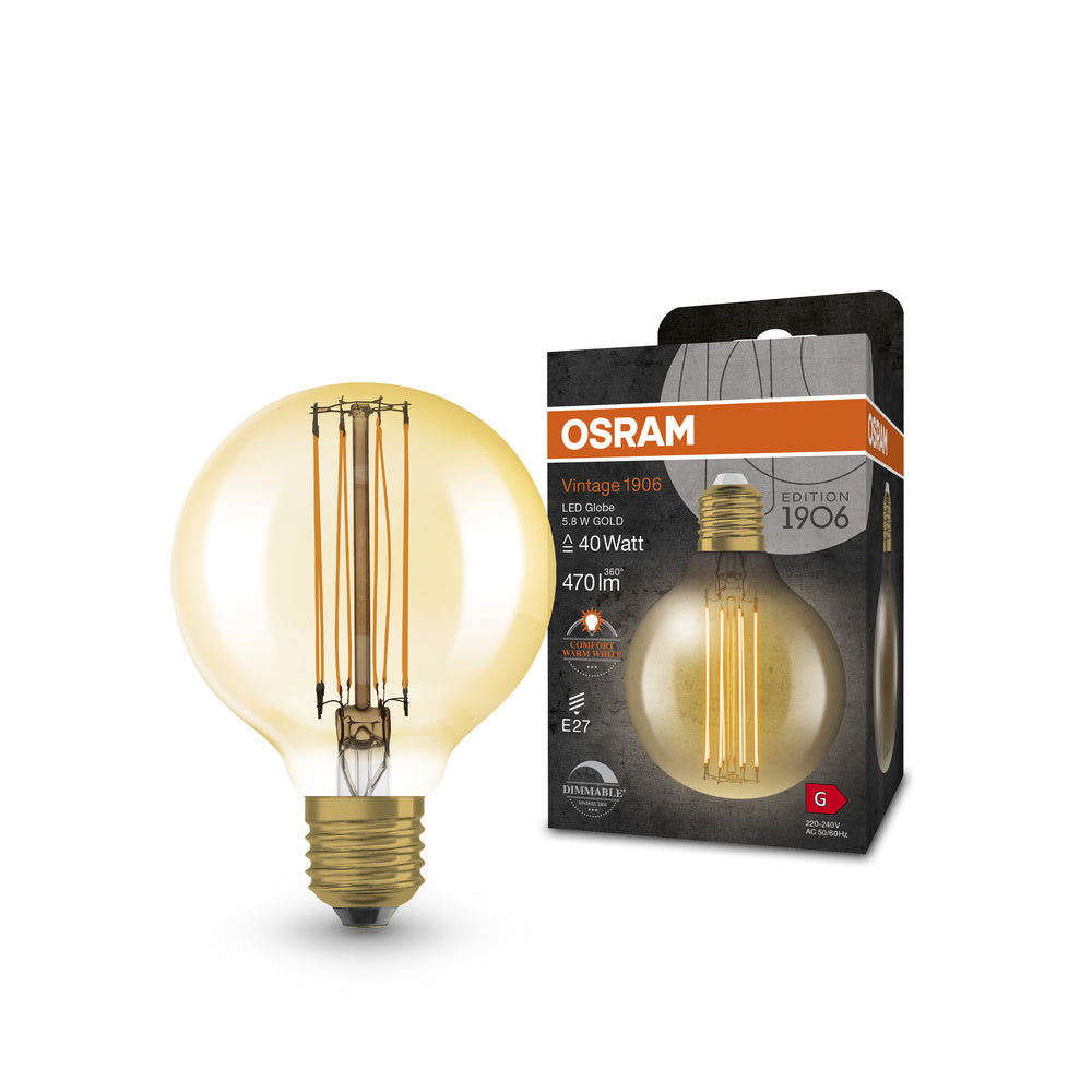 OSRAM Dimmbare LED-Lampen, Vintage-Edition, 40 Watts Ersatz, E27, G80, 2200 Kelvin, Warm Comfort Light, Klares Glas, single Pack