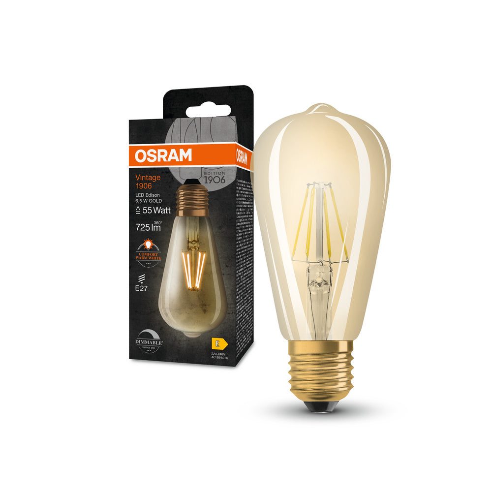 OSRAM Dimmbare LED-Lampen, Vintage-Edition, 55 Watts Ersatz, E27, ST64-shape, 2400 Kelvin, Comfort warm white, Klares Glas, single Pack, E27